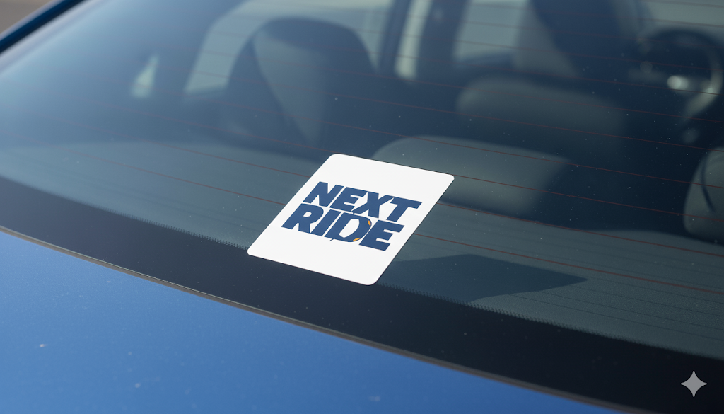 About Us 1 Next Ride logo on rental car in dubai.